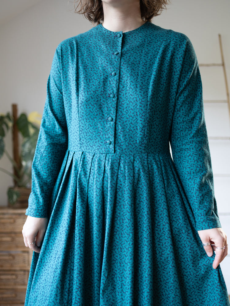 80s Laura Ashley Green Leaf Patterned Dress - M