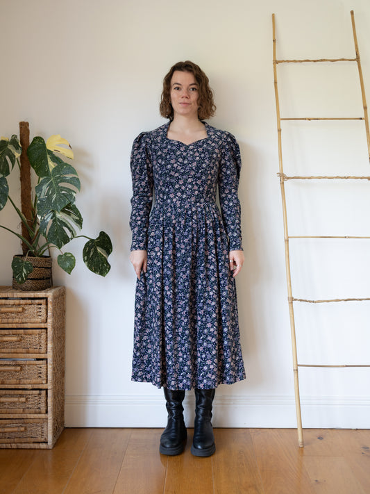 80s Laura Ashley Navy Floral Print Cord Dress - S