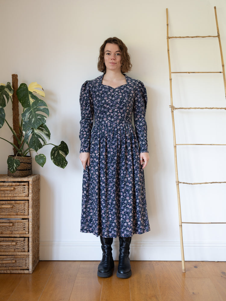 80s Laura Ashley Navy Floral Print Cord Dress - S