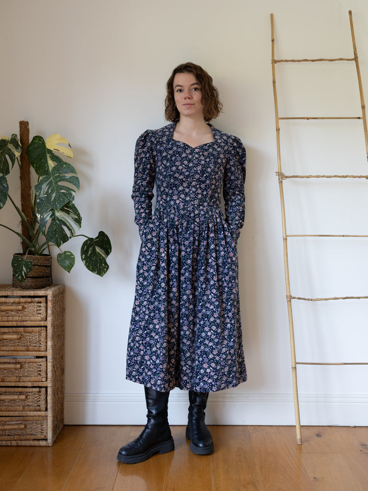 80s Laura Ashley Navy Floral Print Cord Dress - S