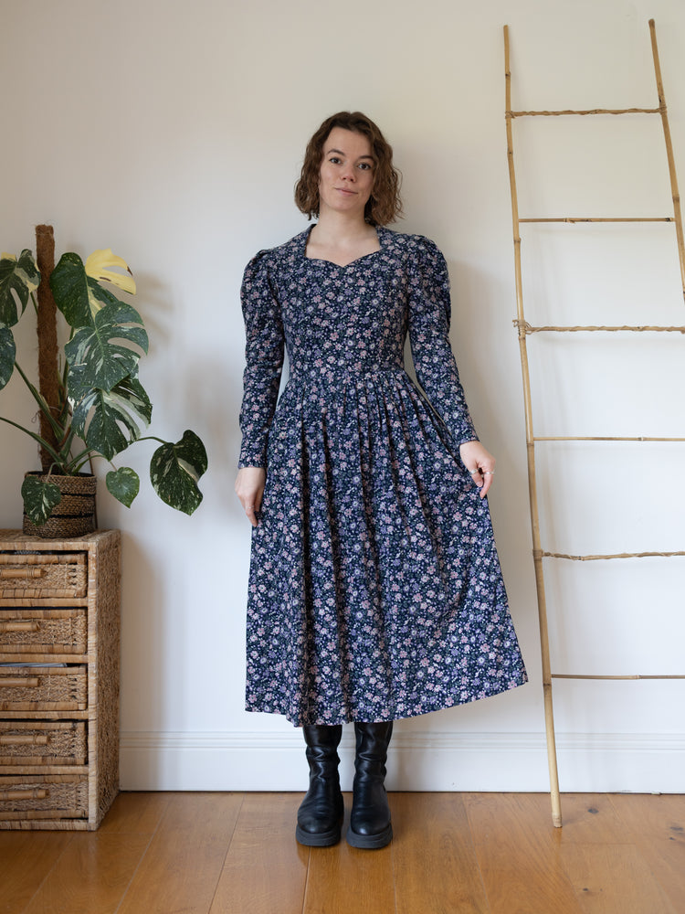 80s Laura Ashley Navy Floral Print Cord Dress - S