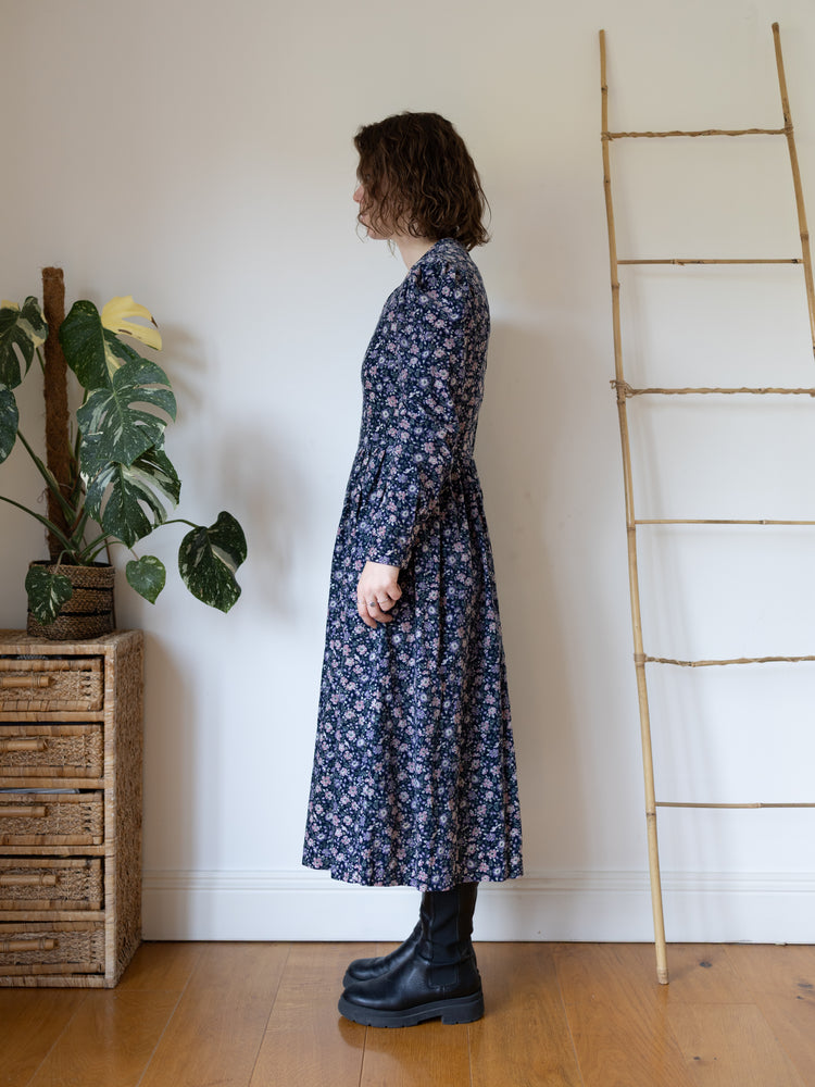 80s Laura Ashley Navy Floral Print Cord Dress - S