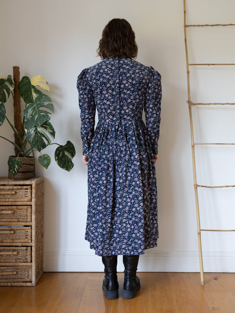80s Laura Ashley Navy Floral Print Cord Dress - S