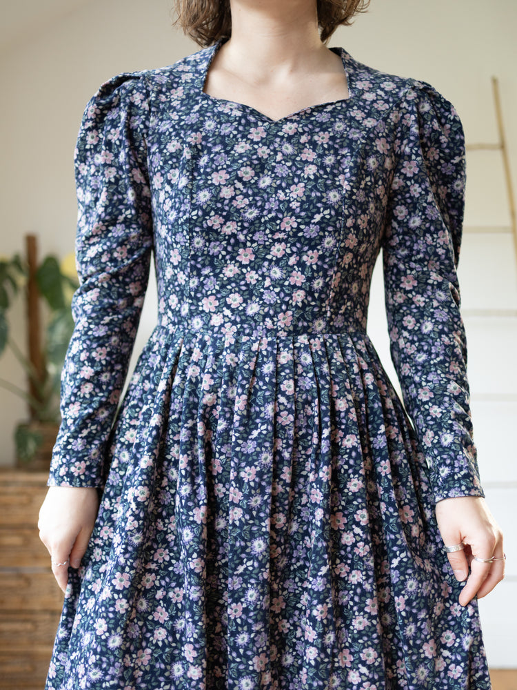 80s Laura Ashley Navy Floral Print Cord Dress - S
