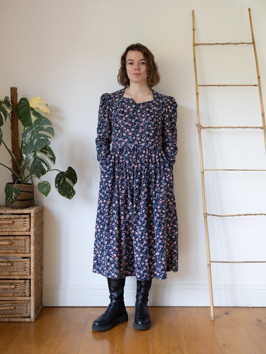 80s Laura Ashley Navy Ditsy Floral Cord Dress - S