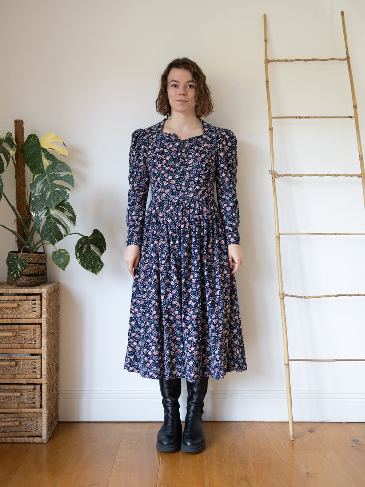 80s Laura Ashley Navy Ditsy Floral Cord Dress - S