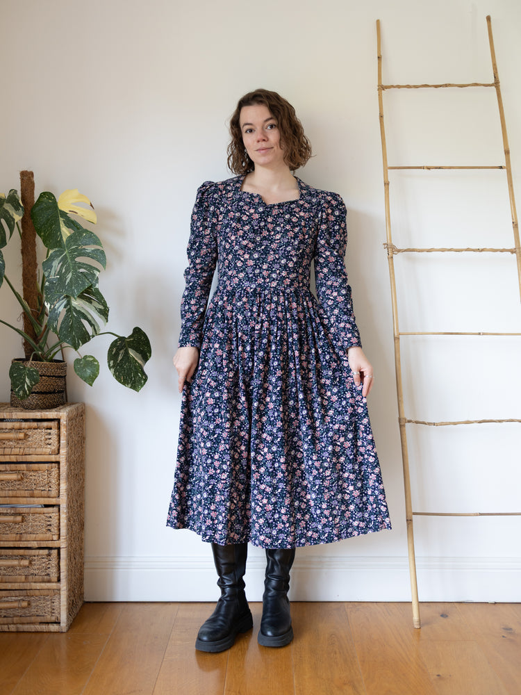 80s Laura Ashley Navy Ditsy Floral Cord Dress - S