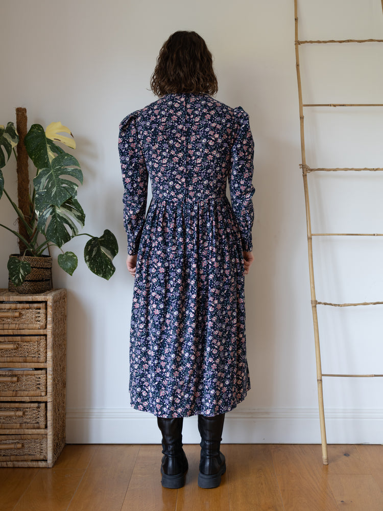 80s Laura Ashley Navy Ditsy Floral Cord Dress - S