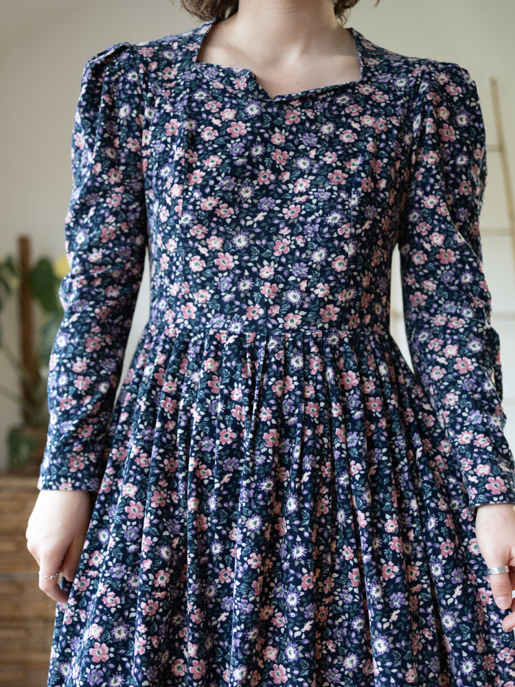 80s Laura Ashley Navy Ditsy Floral Cord Dress - S