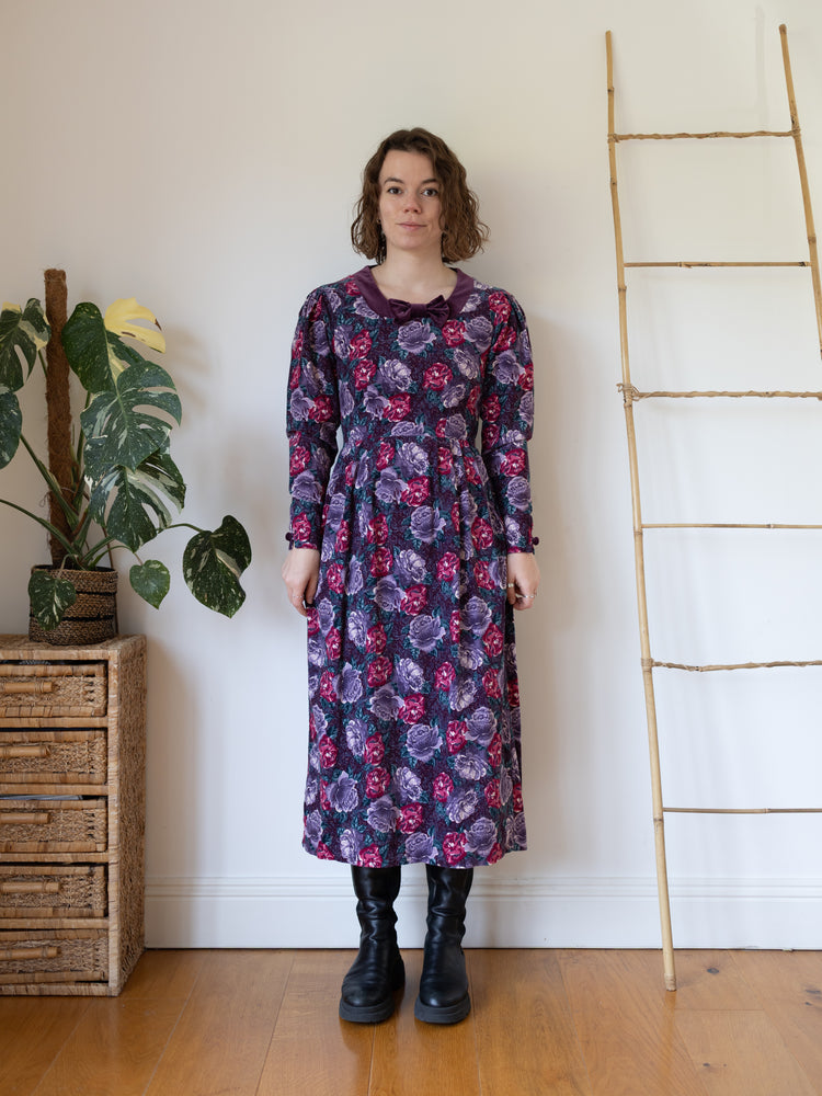 80s Laura Ashley Burgundy Floral Corduroy Dress with Velvet Bow Collar - XS