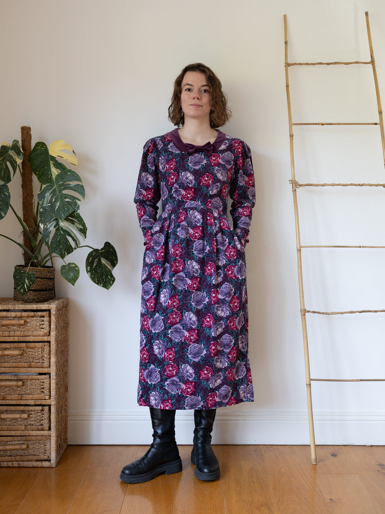 80s Laura Ashley Burgundy Floral Corduroy Dress with Velvet Bow Collar - XS