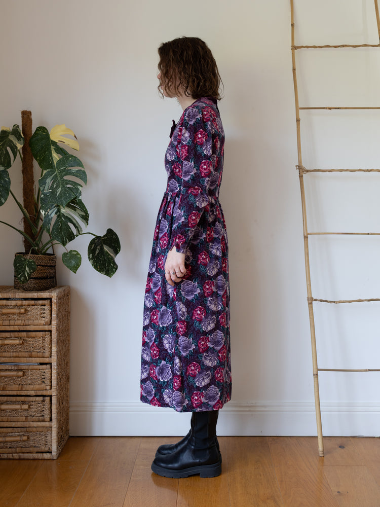 80s Laura Ashley Burgundy Floral Corduroy Dress with Velvet Bow Collar - XS