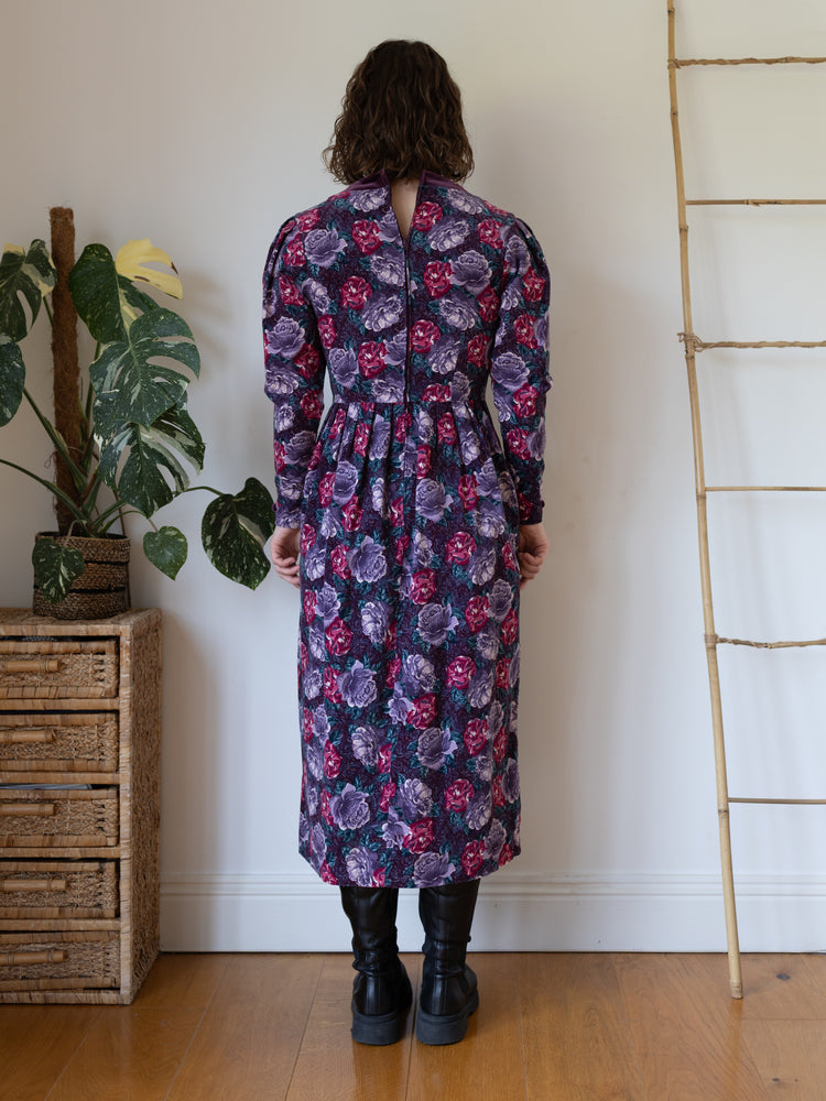80s Laura Ashley Burgundy Floral Corduroy Dress with Velvet Bow Collar - XS