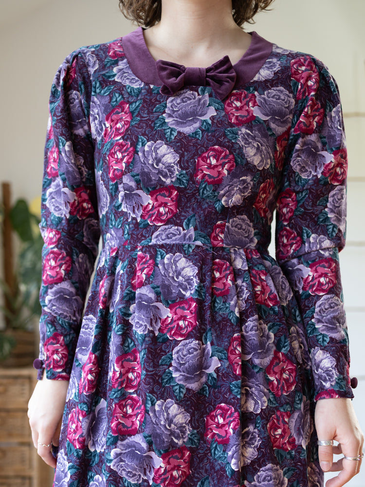 80s Laura Ashley Burgundy Floral Corduroy Dress with Velvet Bow Collar - XS