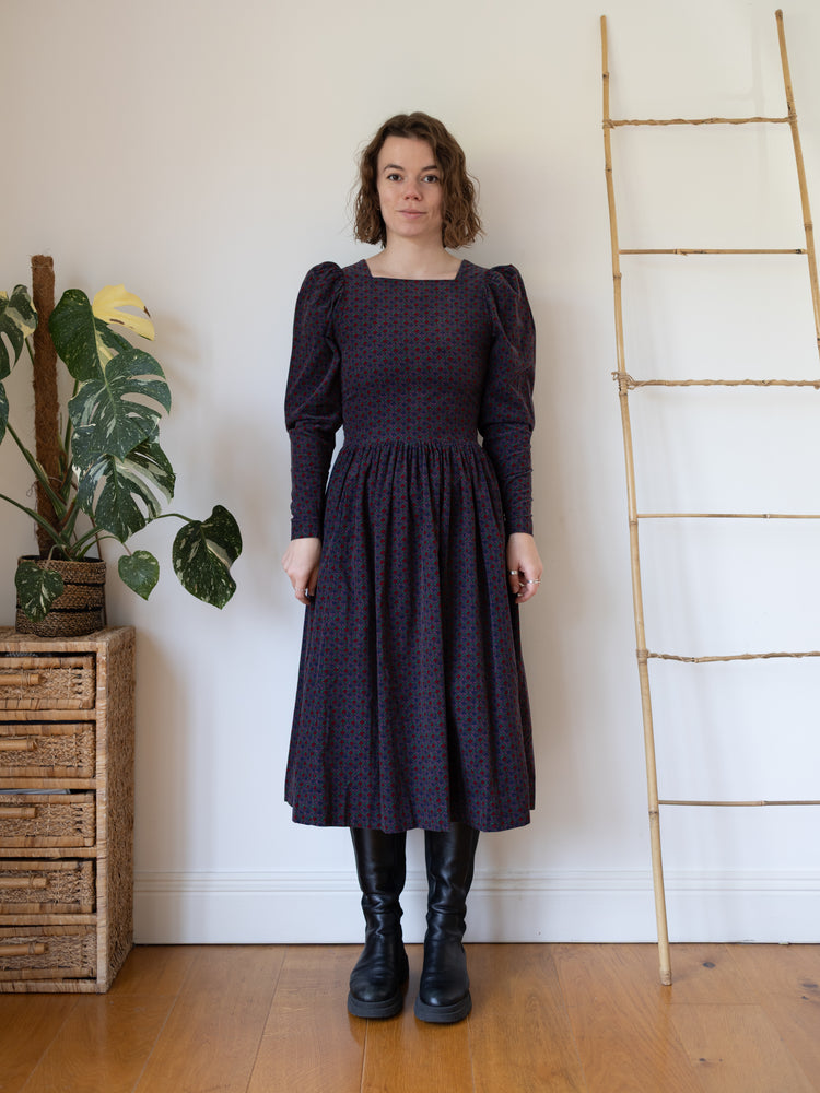80s Laura Ashley Leaf Print Cord Dress - S