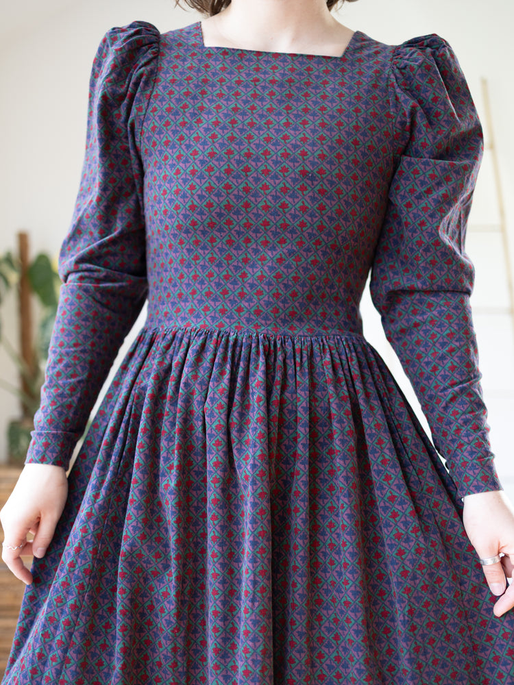 80s Laura Ashley Leaf Print Cord Dress - S