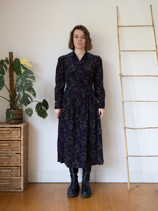 80s Laura Ashley Cord Dress with Velvet Trims - M