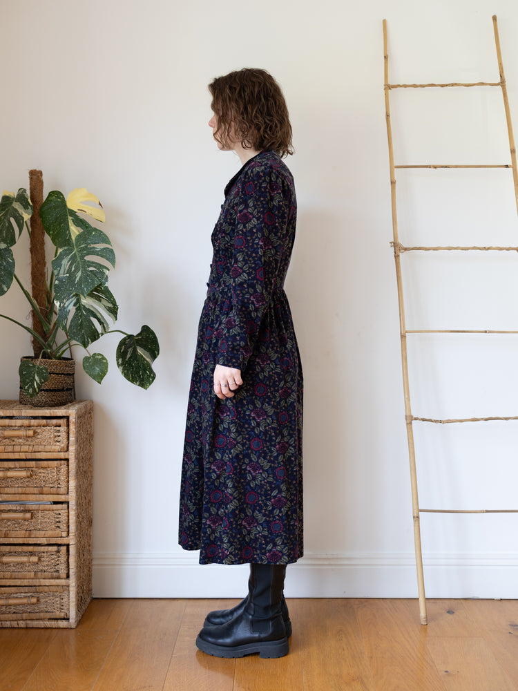 80s Laura Ashley Cord Dress with Velvet Trims - M