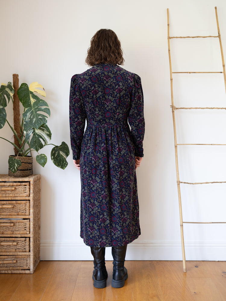 80s Laura Ashley Cord Dress with Velvet Trims - M