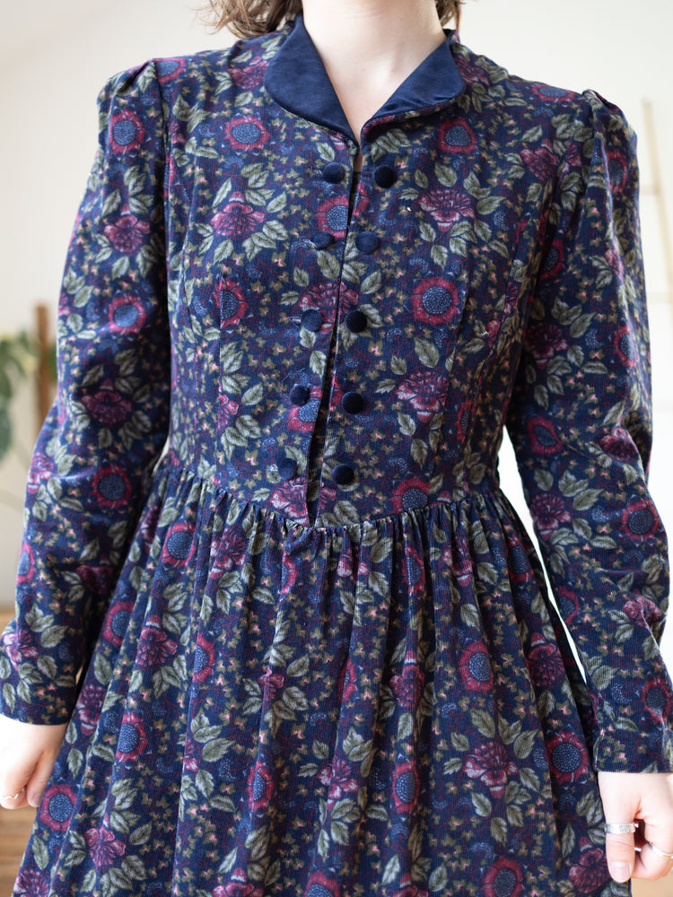 80s Laura Ashley Cord Dress with Velvet Trims - M