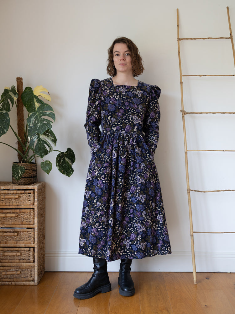 80s Laura Ashley Lilac Floral Cord Dress - M