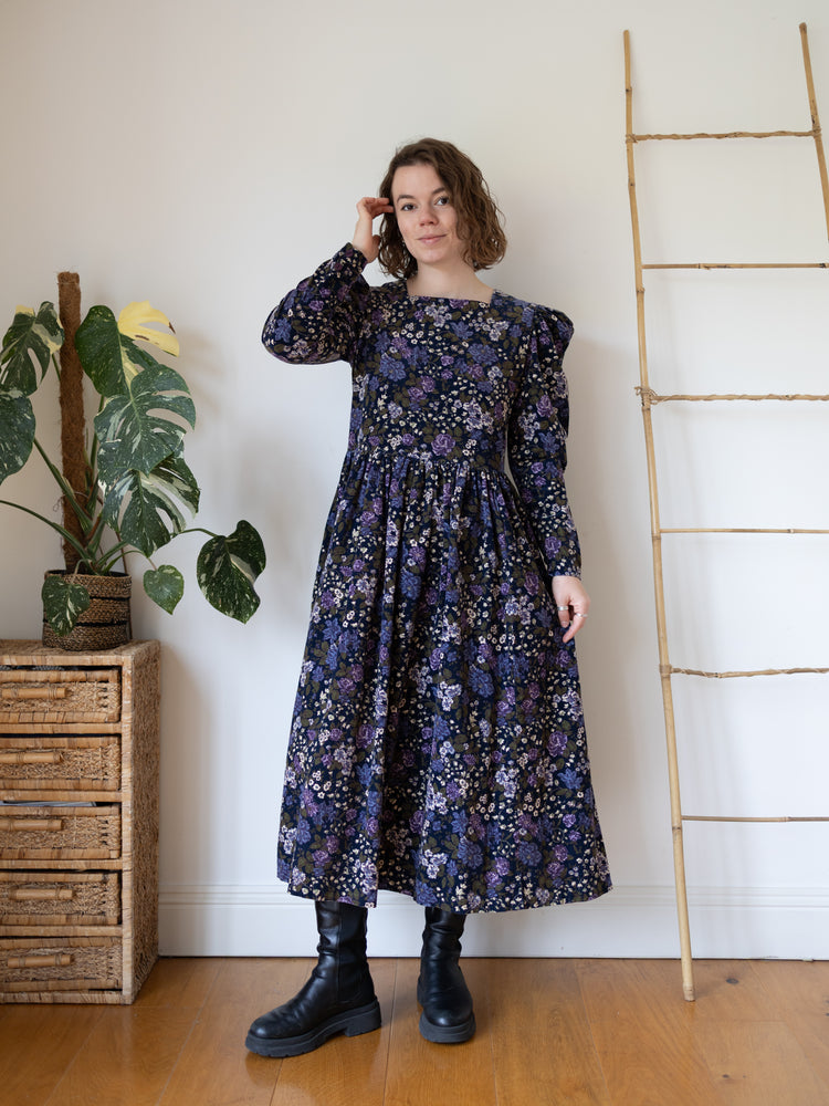 80s Laura Ashley Lilac Floral Cord Dress - M