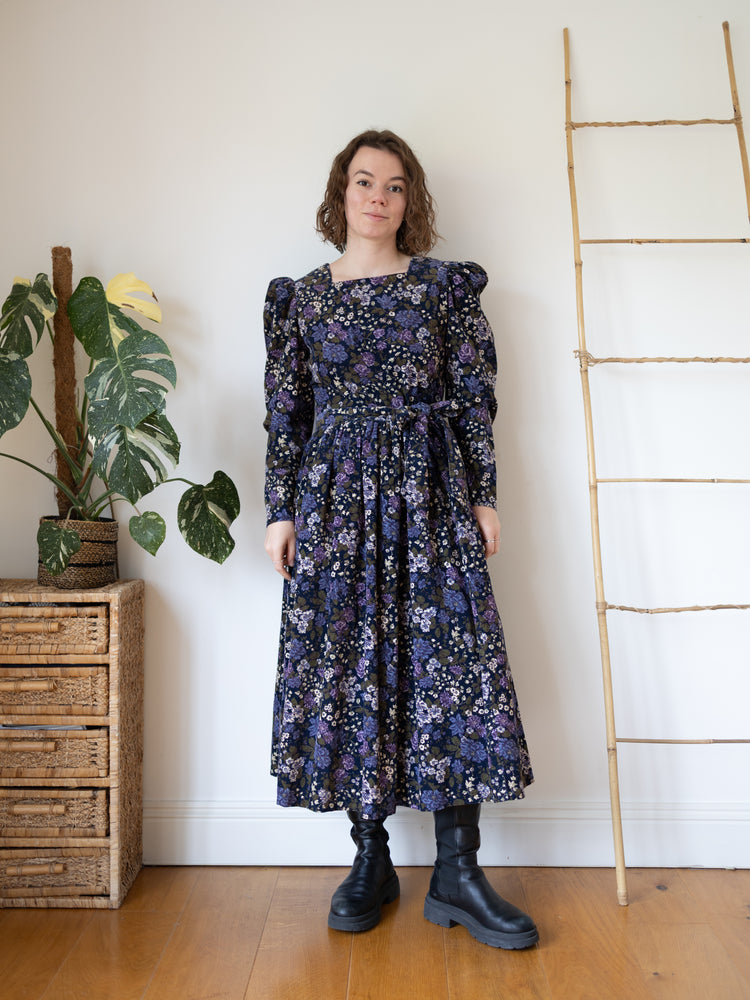 80s Laura Ashley Lilac Floral Cord Dress - M