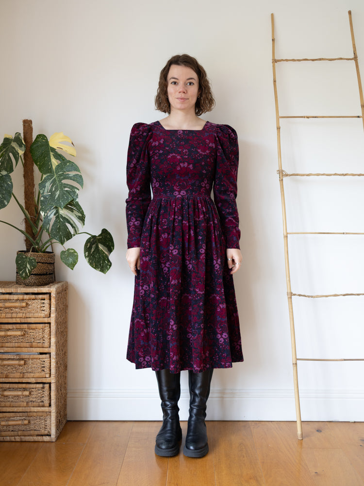 80s Laura Ashley Burgundy Floral Cord Dress - XS