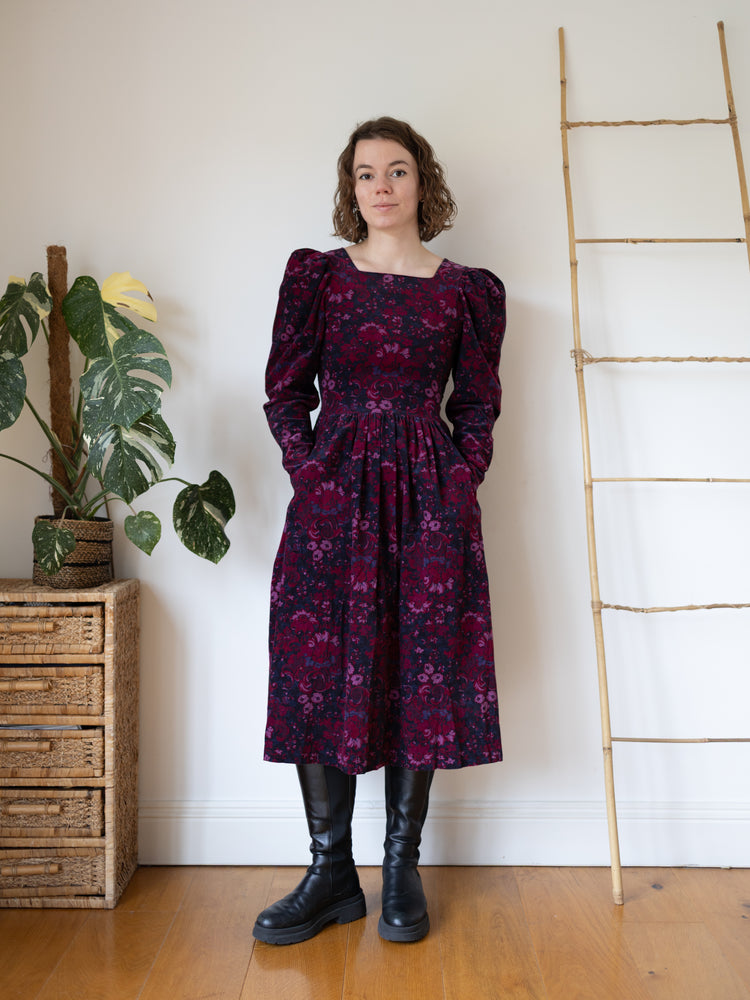 80s Laura Ashley Burgundy Floral Cord Dress - XS