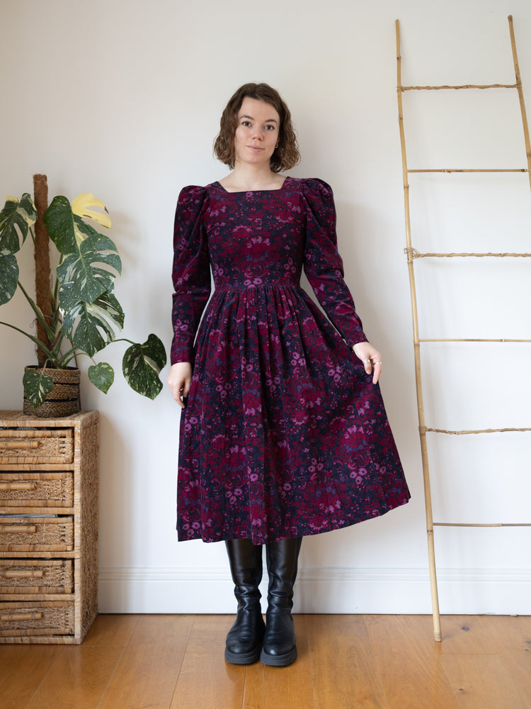 80s Laura Ashley Burgundy Floral Cord Dress - XS