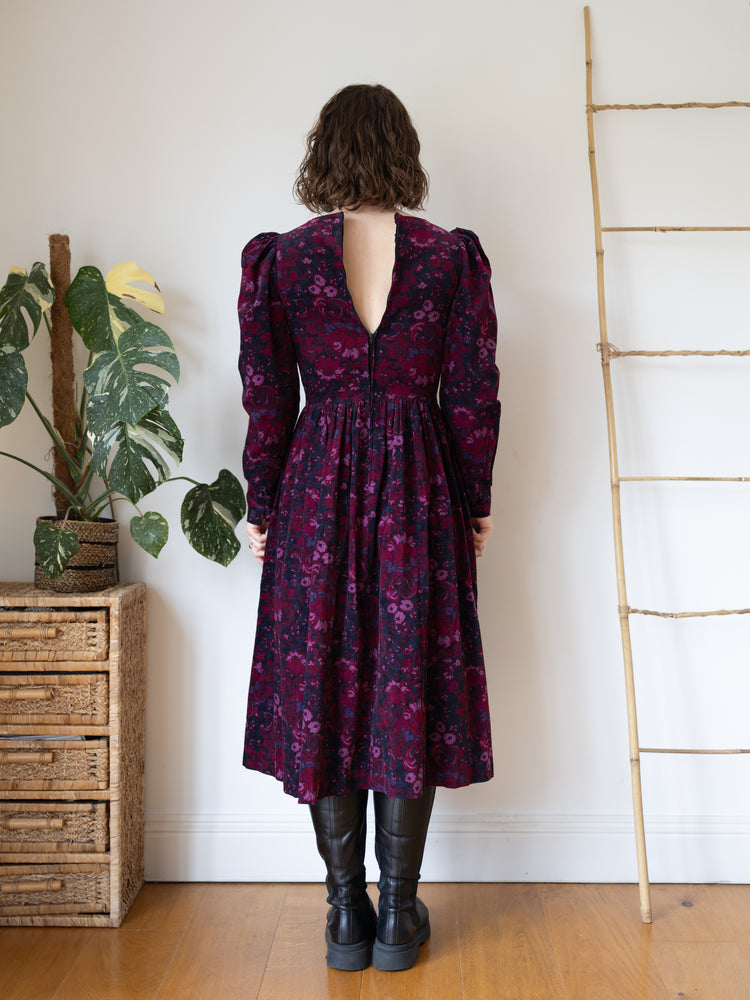 80s Laura Ashley Burgundy Floral Cord Dress - XS