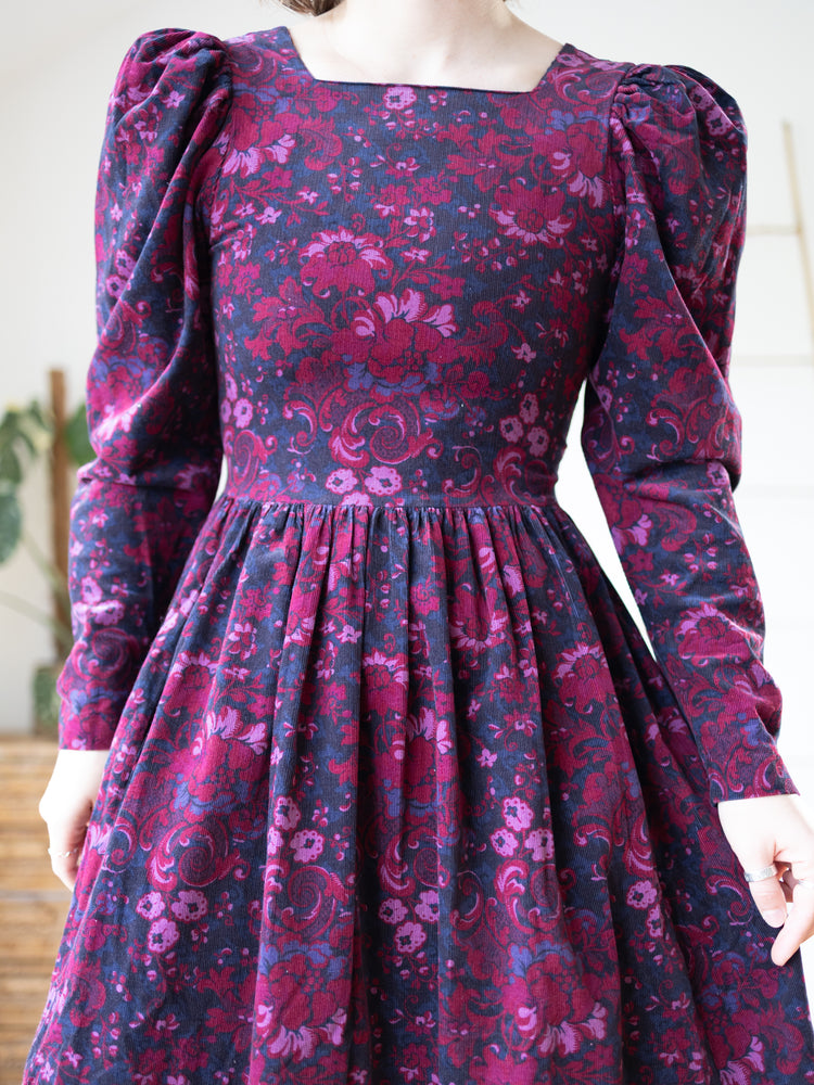 80s Laura Ashley Burgundy Floral Cord Dress - XS