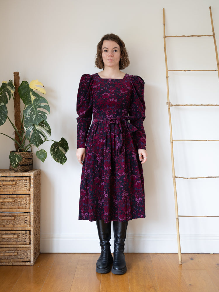 80s Laura Ashley Burgundy Floral Cord Dress - XS