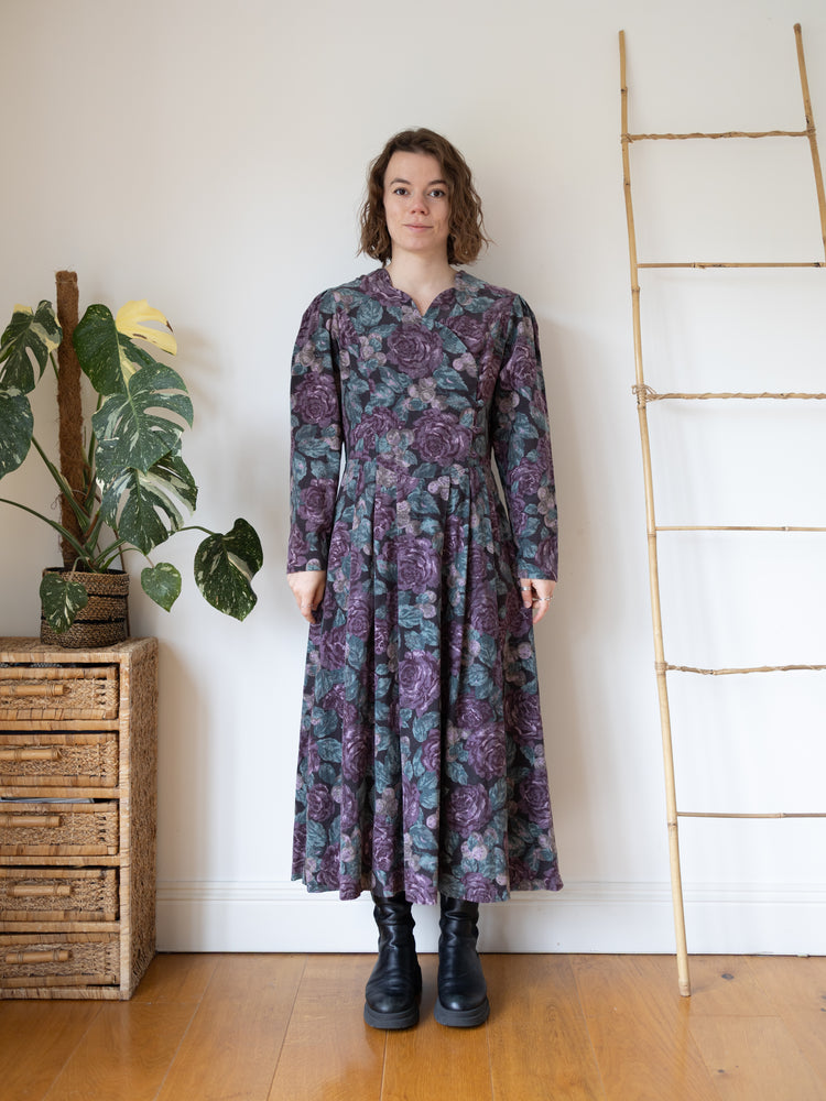 80s Laura Ashley Purple & Teal Corduroy Dress - L