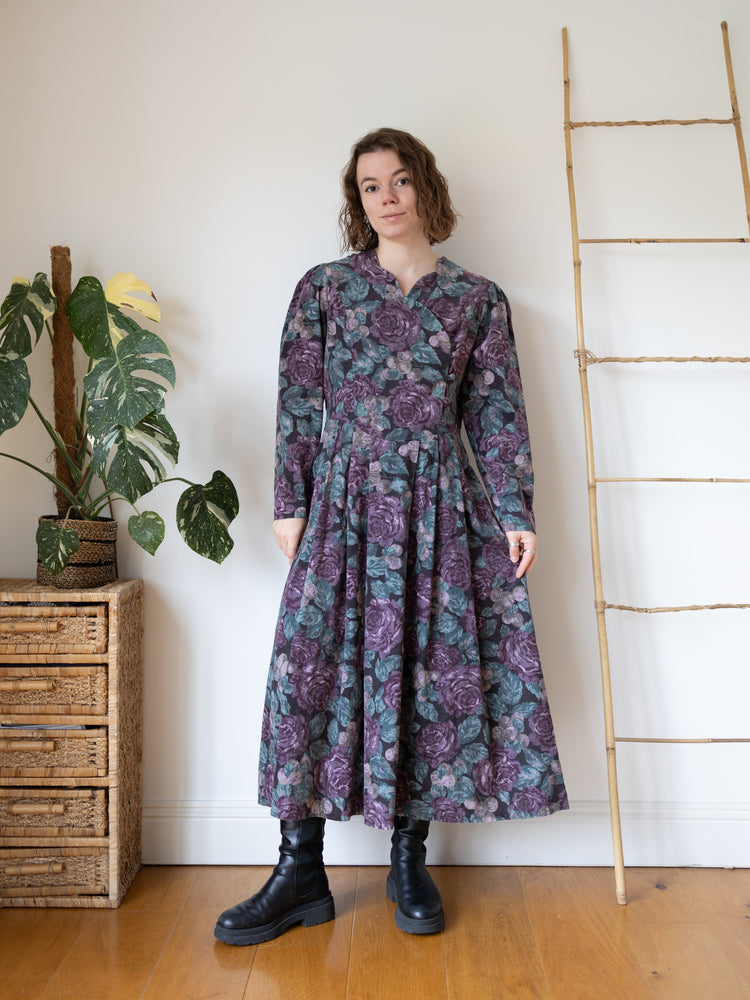 80s Laura Ashley Purple & Teal Corduroy Dress - L