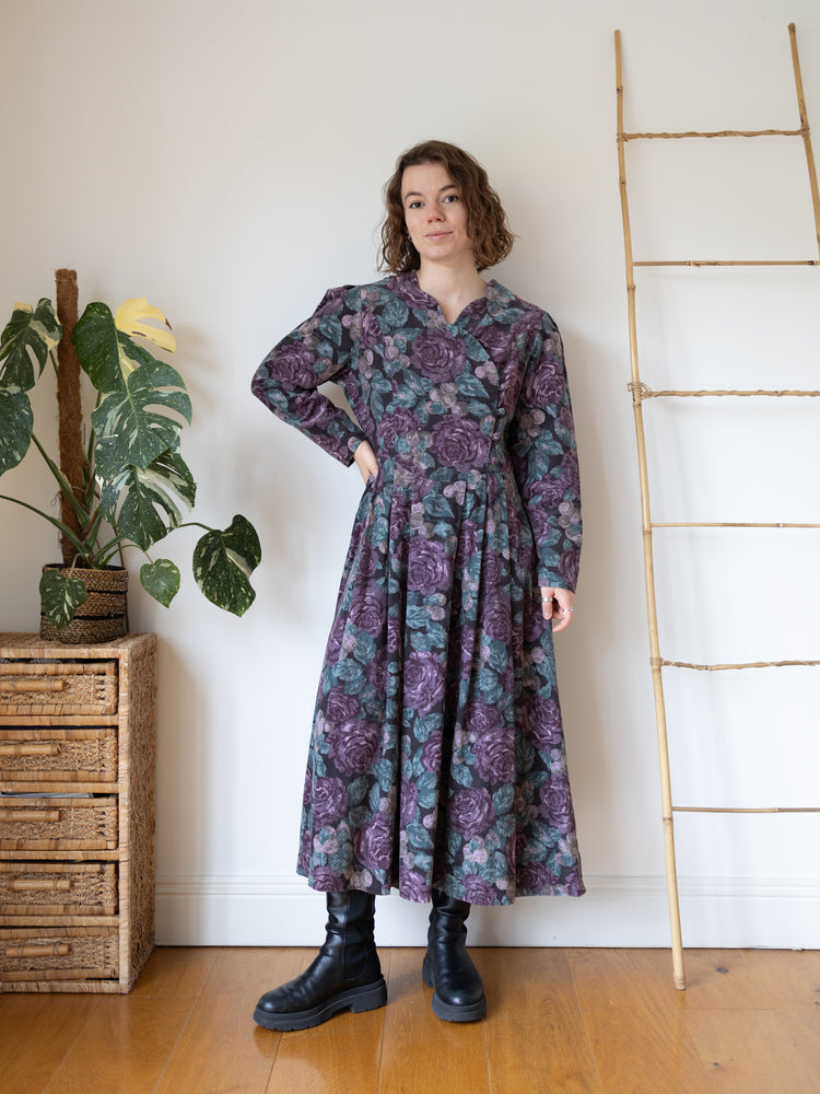 80s Laura Ashley Purple & Teal Corduroy Dress - L