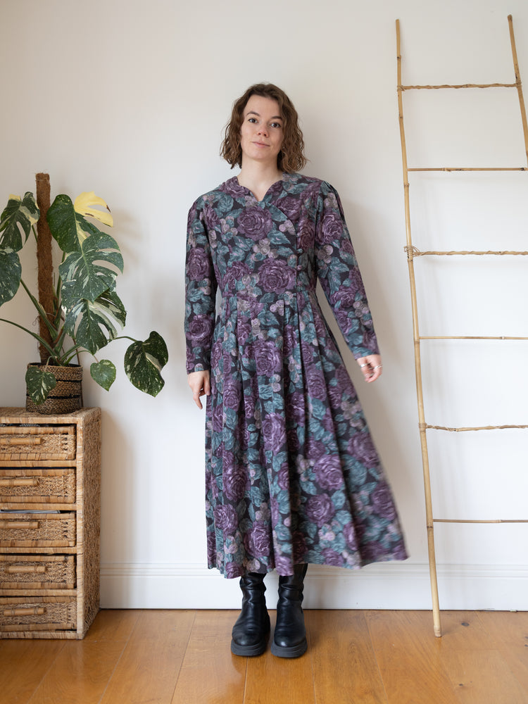 80s Laura Ashley Purple & Teal Corduroy Dress - L