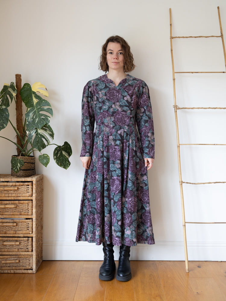80s Laura Ashley Purple & Teal Corduroy Dress - L