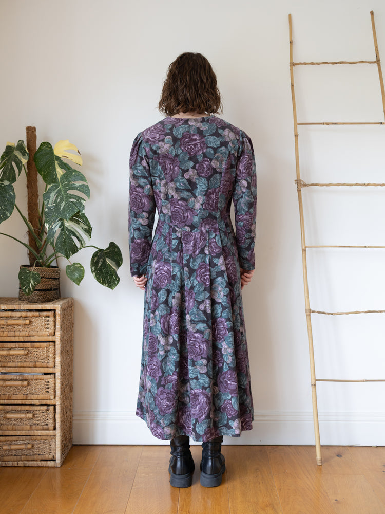 80s Laura Ashley Purple & Teal Corduroy Dress - L