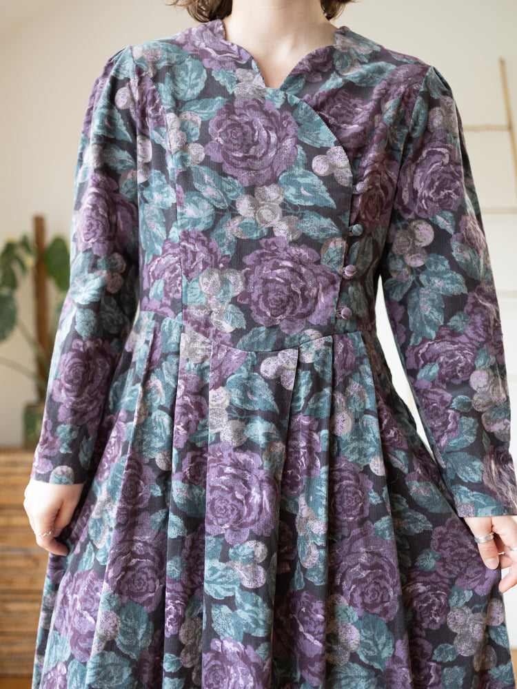 80s Laura Ashley Purple & Teal Corduroy Dress - L