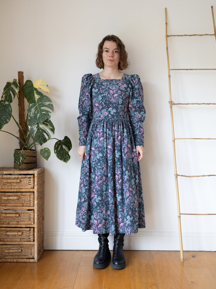 80s Laura Ashley Green Floral Cord Dress - XS