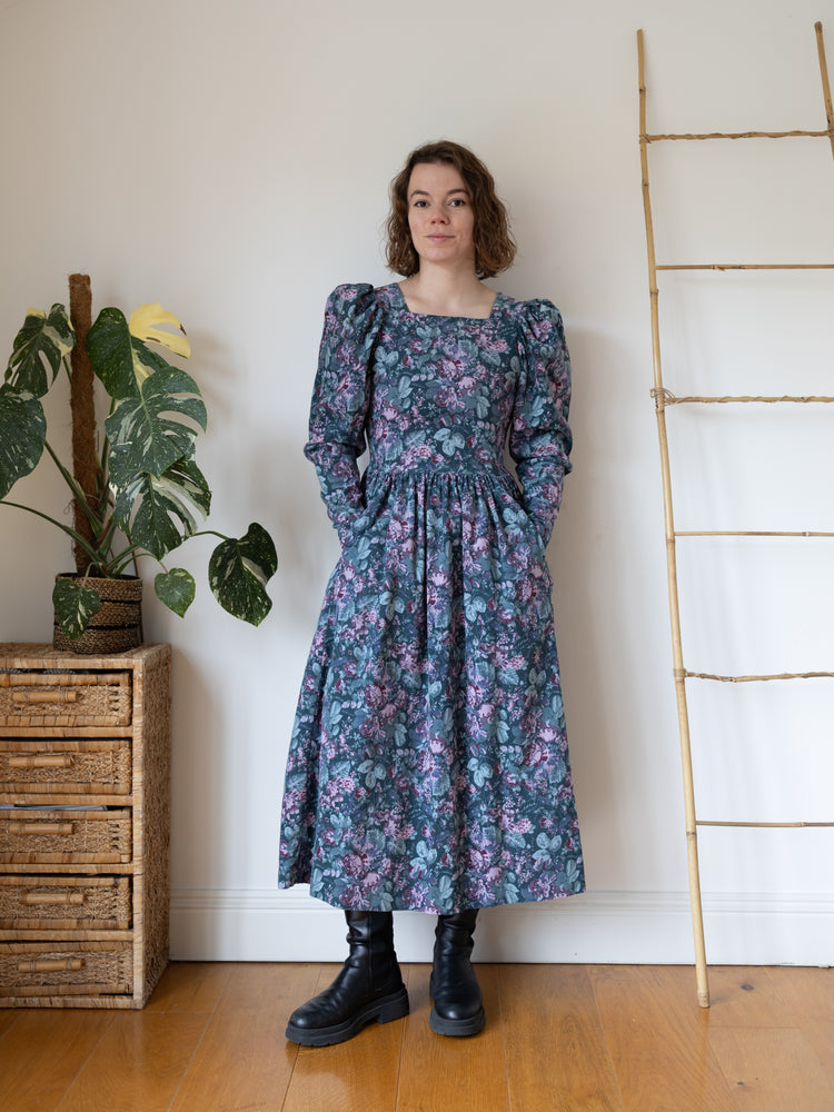 80s Laura Ashley Green Floral Cord Dress - XS