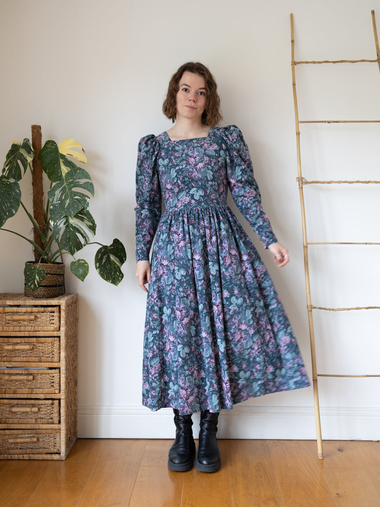 80s Laura Ashley Green Floral Cord Dress - XS