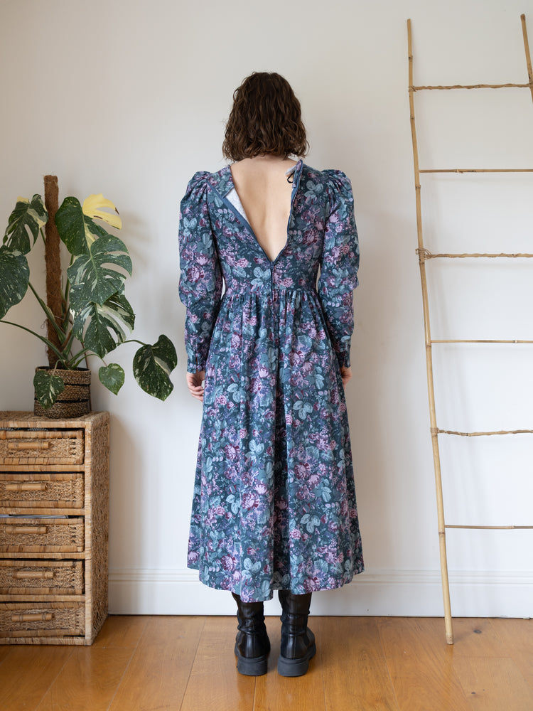 80s Laura Ashley Green Floral Cord Dress - XS