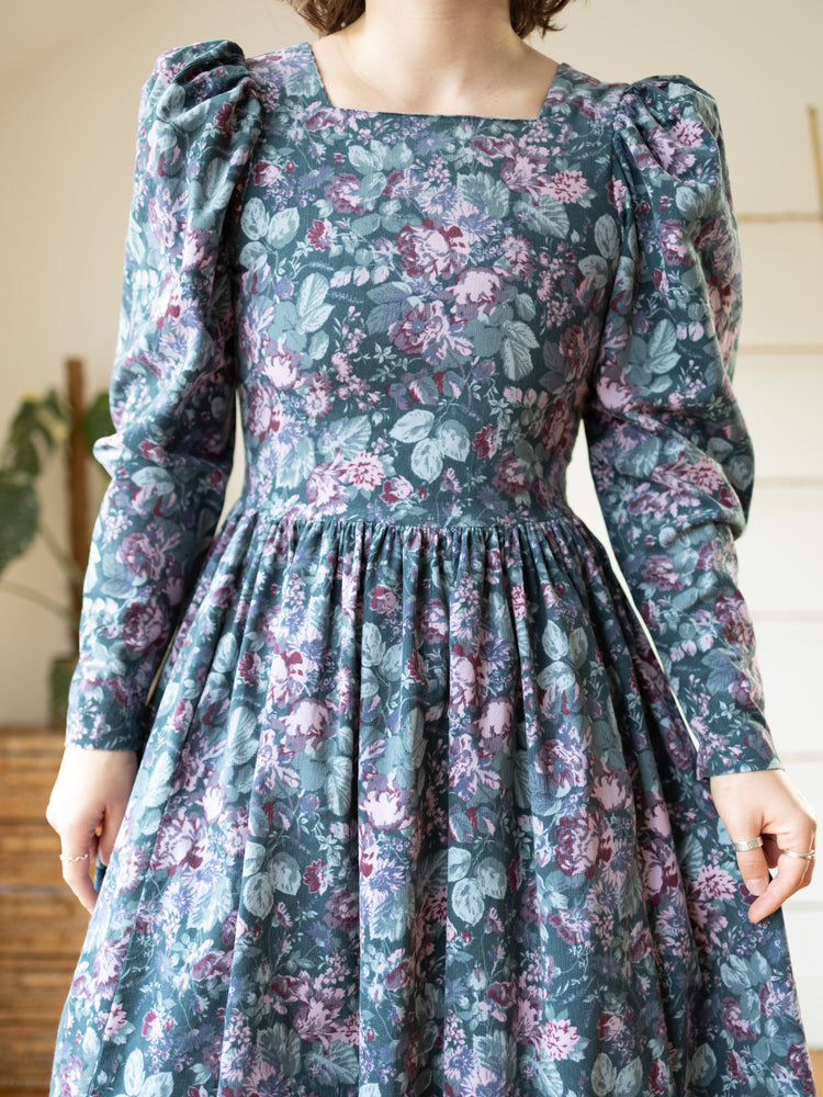 80s Laura Ashley Green Floral Cord Dress - XS