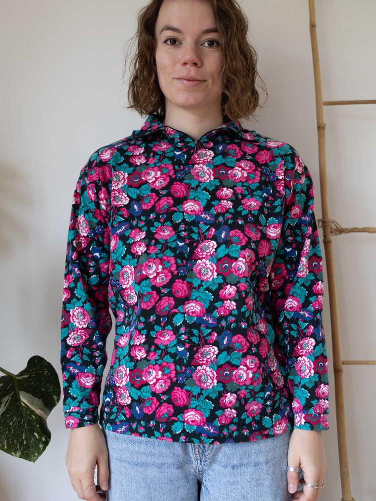 80s Laura Ashley Floral Quarter-Zip Top - L