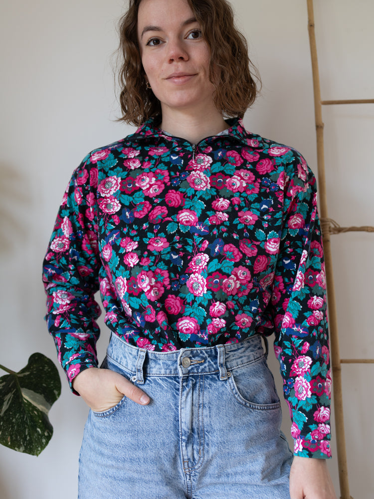 80s Laura Ashley Floral Quarter-Zip Top - L