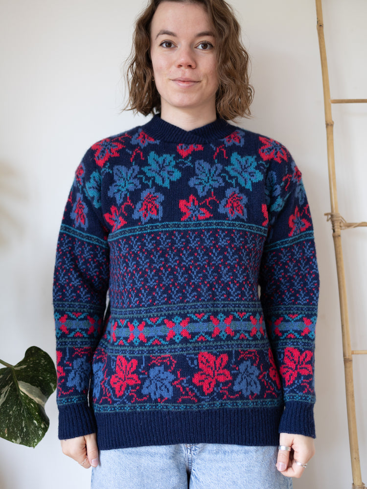 80s Laura Ashley Navy Leaf Jumper - S