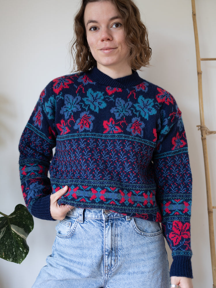 80s Laura Ashley Navy Leaf Jumper - S