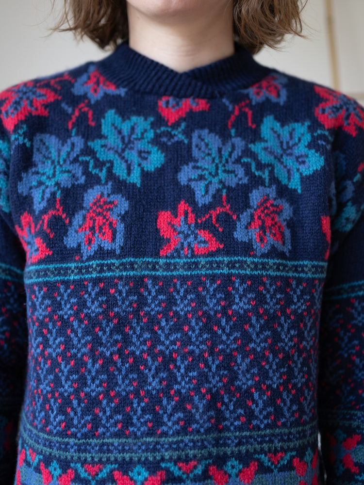 80s Laura Ashley Navy Leaf Jumper - S
